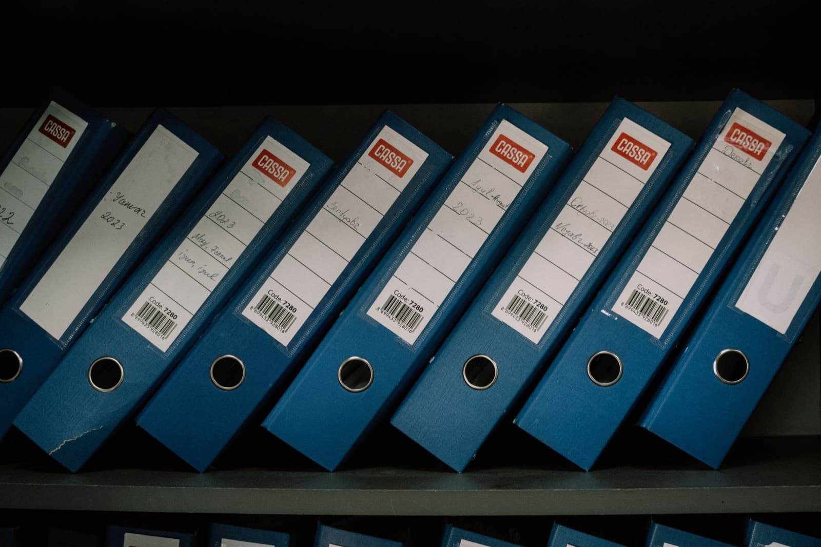 A shelf of labelled blue lever-arch files