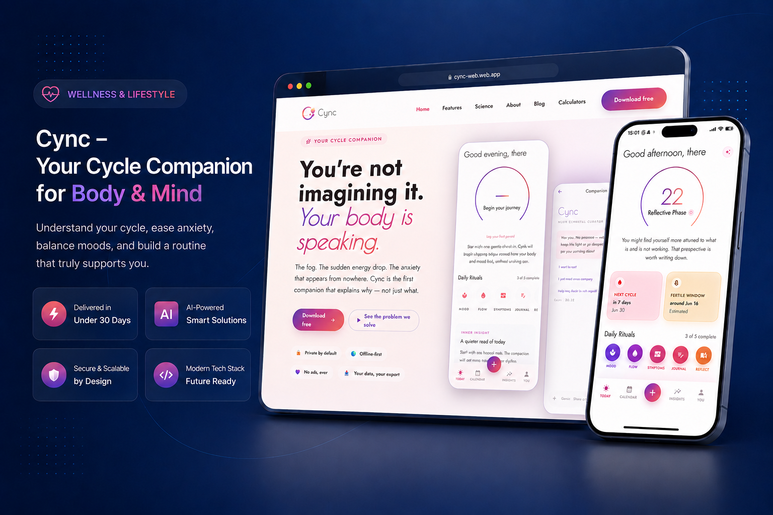 Cync cycle-tracking app shown on web and mobile